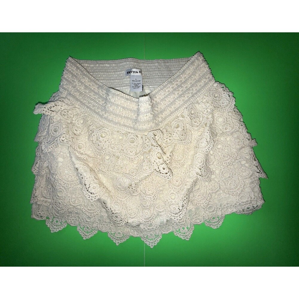 Better B Womens L Ivory Crochet Lace Tiered Mini Skirt Y2K Boho Cottagecore
